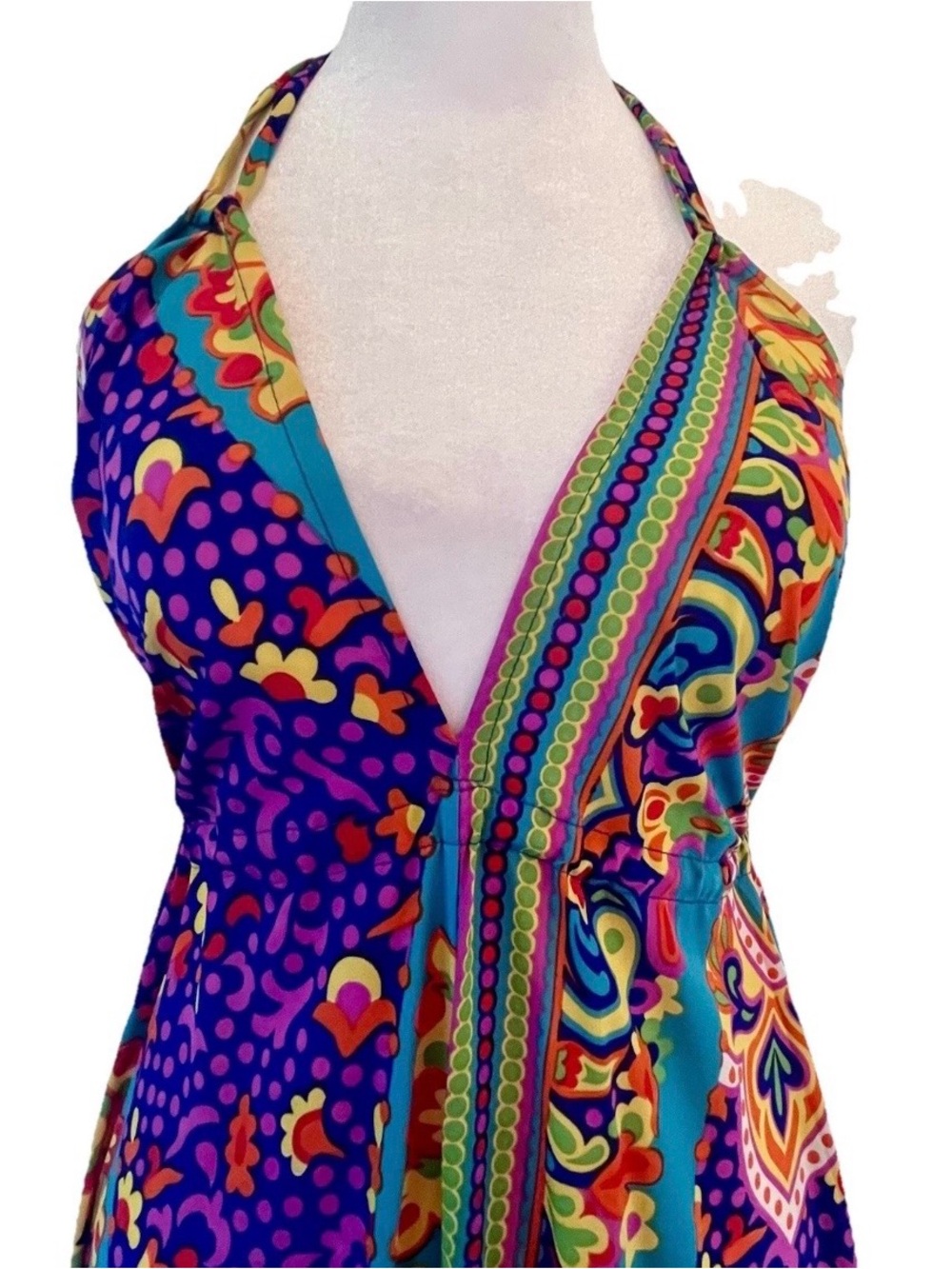 Fullah Sugah Bohemian Paisley Print Deep V-Neck Halter Dress Silk/Viscose - Sz L - Picture 6 of 10